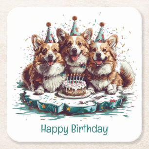 Happy Birthday Pembroke Welsh Corgi Dogs Square Paper Coaster