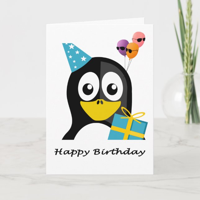 Happy Birthday Penguin & Cool Balloons Card (Front)