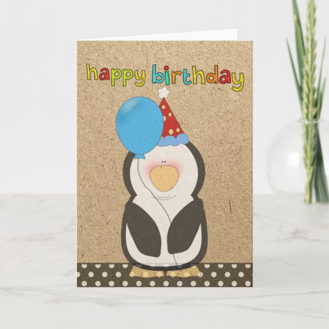 Happy Birthday Penguin holding balloon Card (Front)