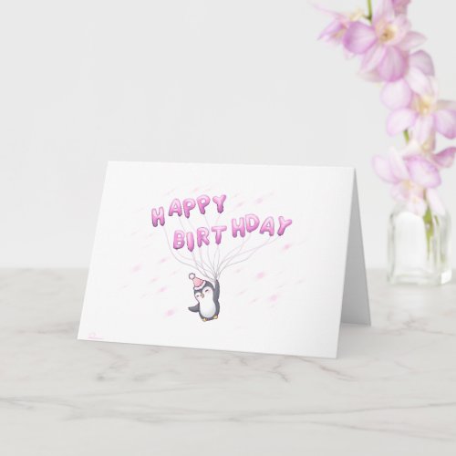 Happy Birthday Penguin Pink Balloons Winter Card