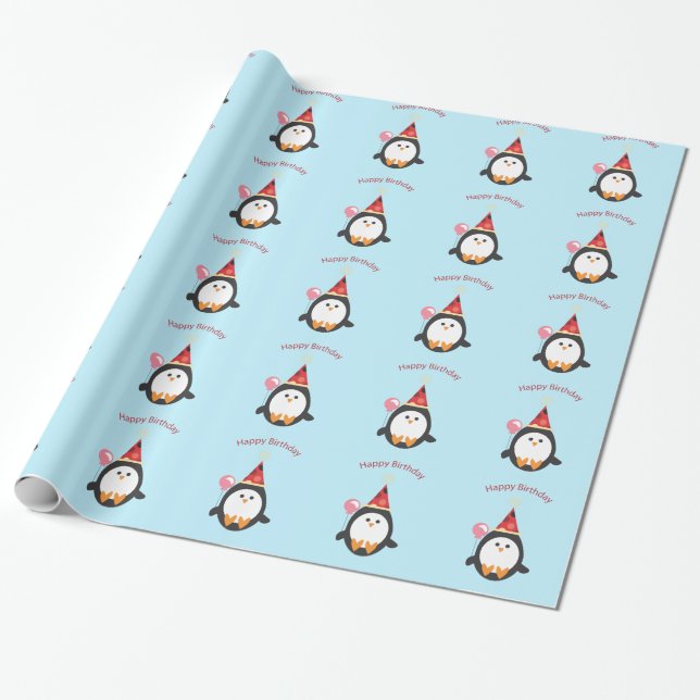 Happy Birthday Penguin Wrapping Paper (Unrolled)