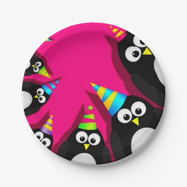 Happy Birthday Penguins Paper Plates (Front)