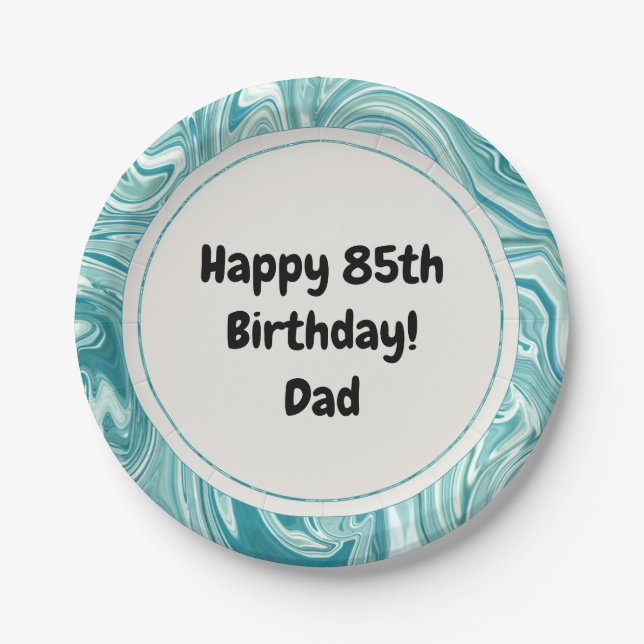 Happy Birthday Personalize Blue Liquid Marble Pape Paper Plates (Front)