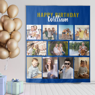 Happy Birthday Personalized 11 Photo Collage Blue Tapestry