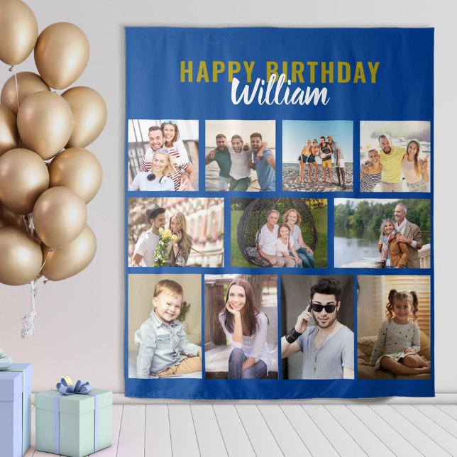 Happy Birthday Personalized 11 Photo Collage Blue Tapestry (Creator Uploaded)