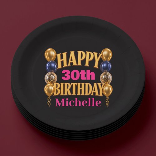 Happy Birthday Personalized Black Balloon  Paper Plates