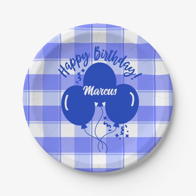 Happy Birthday Personalized Blue Balloons Checked Paper Plates (Front)