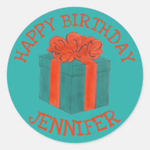 Happy Birthday Personalized Blue Red Gift Box Bow Classic Round Sticker