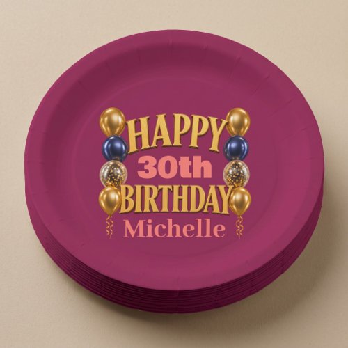 Happy Birthday Personalized Gold Balloon  Paper Plates