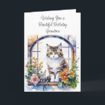 Happy Birthday Personalized Grandma Cute Cat Card<br><div class="desc">Birthday card for Grandma. Pretty watercolor cat in a window full of pretty flowers. ai generated art personalized birthday card.</div>
