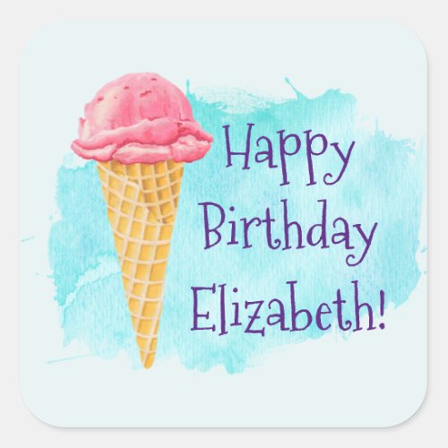 happy Birthday Personalized Ice Cream Cone Square Sticker