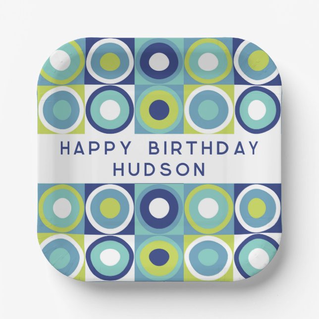 Happy Birthday Personalized Modern Geometric  Paper Plates (Front)