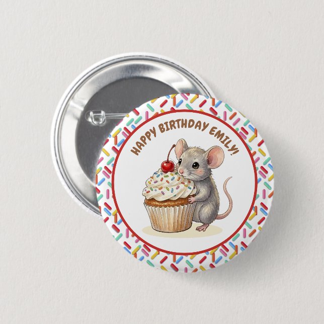 Happy Birthday Personalized Mouse & Cupcake Photo Button (Front & Back)