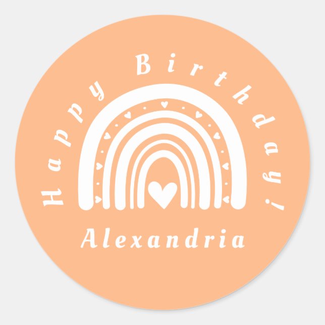 Happy Birthday Personalized Peach Rainbow Classic Round Sticker (Front)