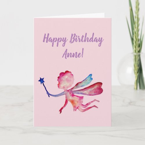 Happy Birthday Personalized pink fairy art Card