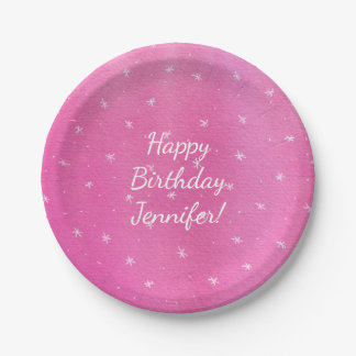 Happy Birthday Personalized Pink White Stars Plate