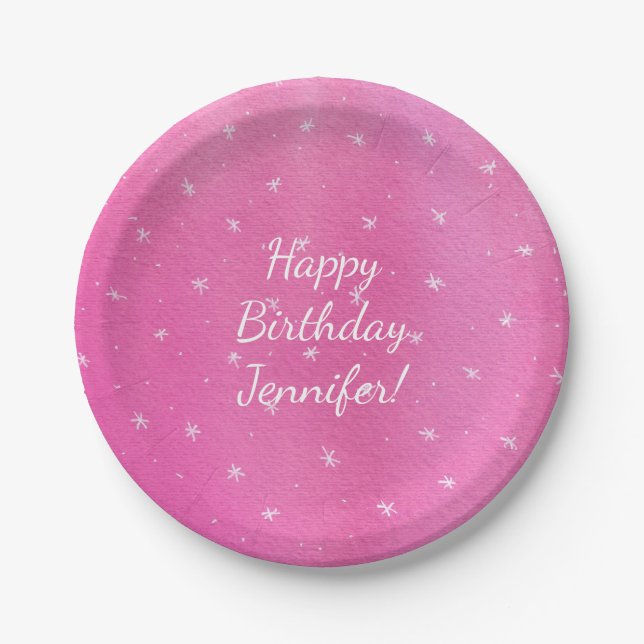 Happy Birthday Personalized Pink White Stars Plate (Front)