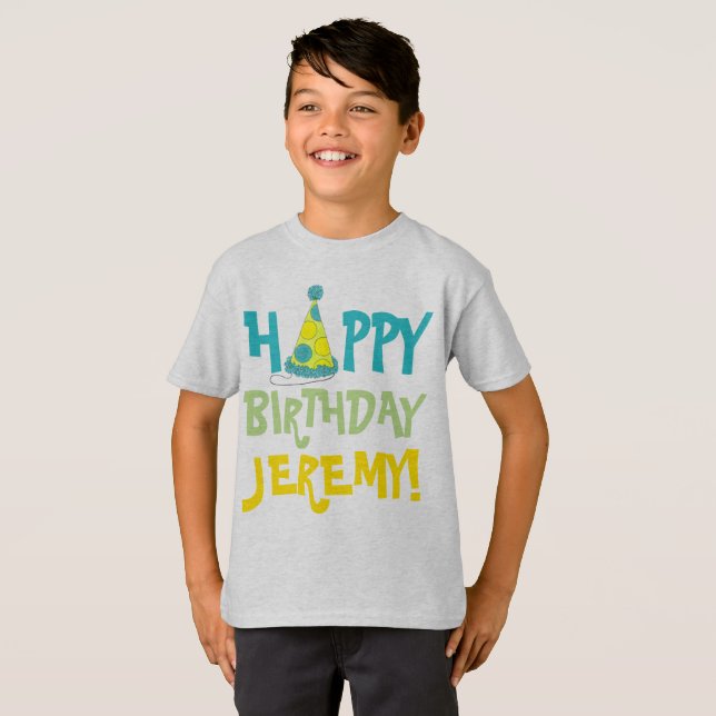 Happy Birthday Personalized Polka Dot Party Hat T-Shirt (Front Full)