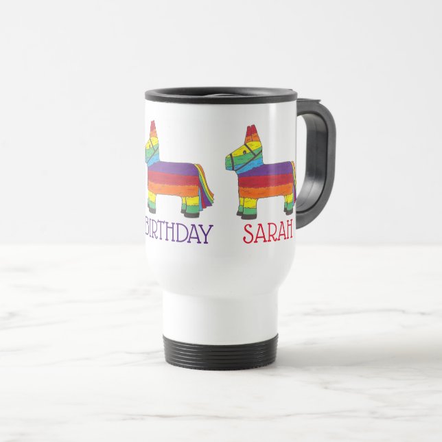Happy Birthday Personalized Rainbow Donkey Piñata Travel Mug (Front Right)
