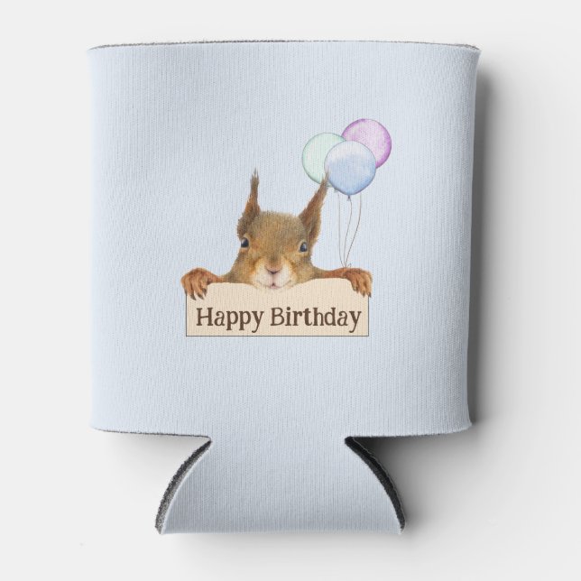 Happy Birthday Personalized Squirrel Balloon  Can Cooler (Front)