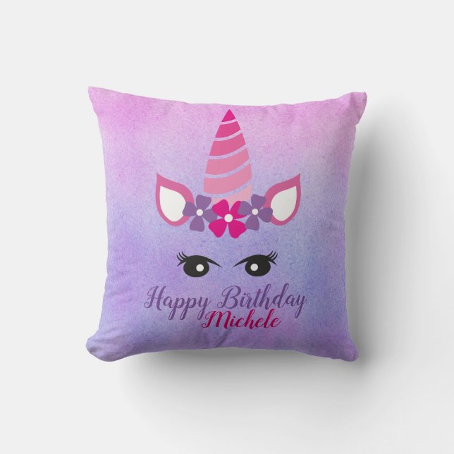 Happy Birthday Personalized Unicorn Throw Pillow (Front)