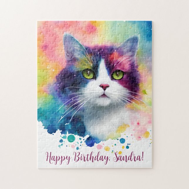 Happy Birthday Personalized Whimsical Cat Jigsaw Puzzle (Vertical)