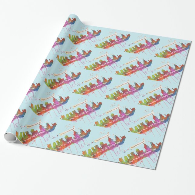 HAPPY BIRTHDAY PHILADELPHIA PENNSYLVANNIA SKYLINE WRAPPING PAPER (Unrolled)