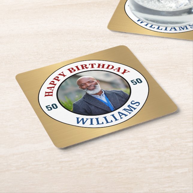 Happy Birthday Photo 50th Fifty Modern Personalize Square Paper Coaster (Angled)
