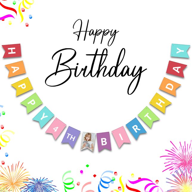 Happy Birthday Photo Age Colorful Bunting Flags (Elevate birthdays with our vibrant, personalized bunting flag for a festive celebration!)