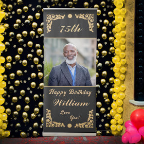Happy Birthday Photo Black Gold Party Event Custom Retractable Banner