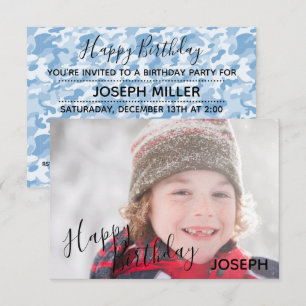 Happy Birthday Photo Blue Camo-3x5 Birthday invite