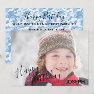 Happy Birthday Photo Blue Camo - Birthday invite