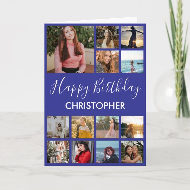 Happy Birthday Photo Collage 13 Photos Navy Blue Card (Front)