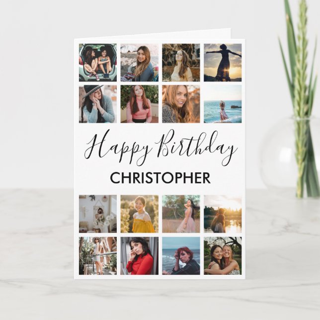 Happy Birthday Photo Collage 16 Photos Black White Card (Front)