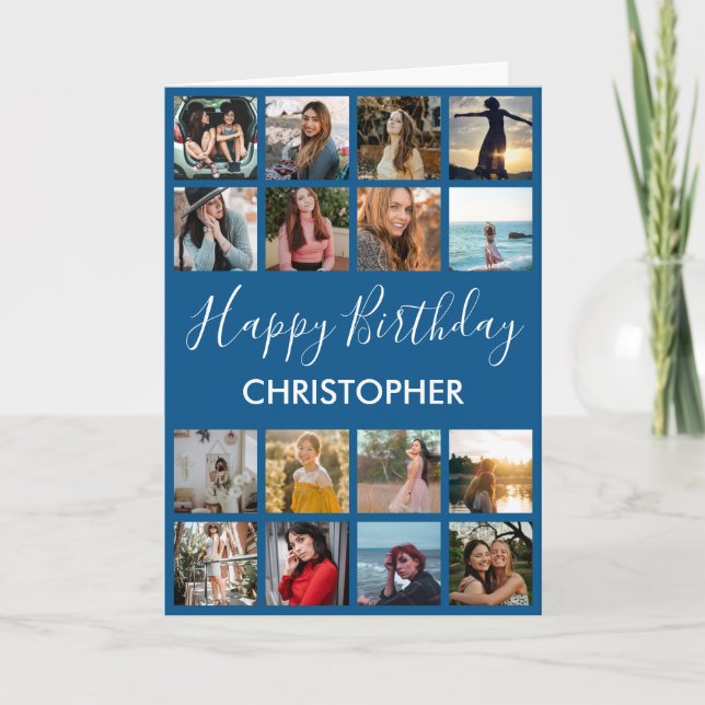 Happy Birthday Photo Collage 16 Photos Blue Card (Front)