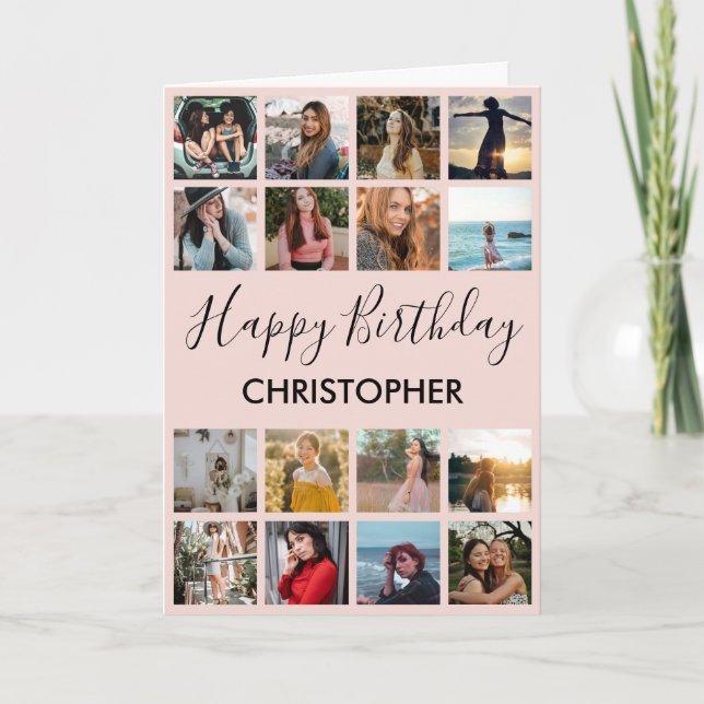 Happy Birthday Photo Collage 16 Photos Pink Black Card (Front)
