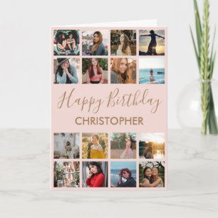 Happy Birthday Photo Collage 16 Photos Pink & Gold Card