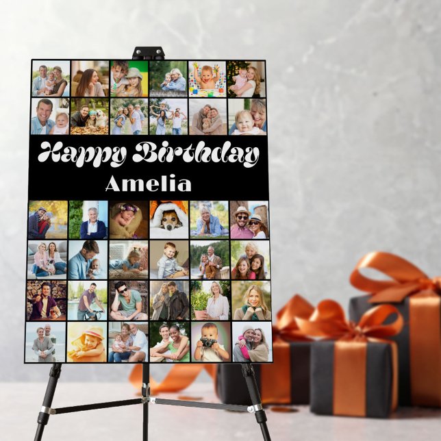 Happy Birthday Photo Collage 36 Picture Grid Foam Board (Happy Birthday sign for easel or wall with 36 photo collage)
