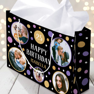 Happy Birthday Photo Collage Any Age 25th Purple Large Gift Bag