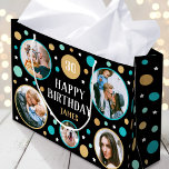 Happy Birthday Photo Collage Any Age 30th Teal Large Gift Bag<br><div class="desc">Make your gifts even more special with a custom photo gift bag. This stylish design features a simple pattern of circles and stars, with "Happy Birthday" in a trendy font. Upload five of your favorite photos of family, friends and pets, then personalize the text with the recipient's name and age....</div>
