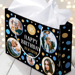 Happy Birthday Photo Collage Any Age 35th Blue Large Gift Bag<br><div class="desc">Make your gifts even more special with a custom photo gift bag. This stylish design features a simple pattern of circles and stars, with "Happy Birthday" in a trendy font. Upload five of your favorite photos of family, friends and pets, then personalize the text with the recipient's name and age....</div>