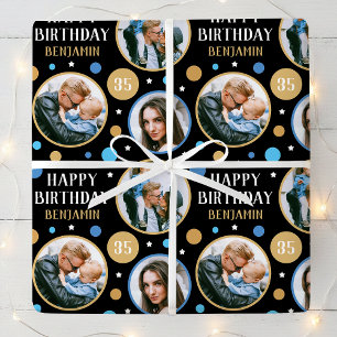 Happy Birthday Photo Collage Any Age 35th Blue Wrapping Paper