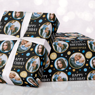 Happy Birthday Photo Collage Any Age Blue Wrapping Paper