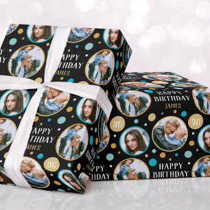 Happy Birthday Photo Collage Any Age Green 30th Wrapping Paper