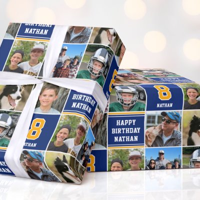 Happy Birthday Photo Collage Any Age Navy Yellow Wrapping Paper