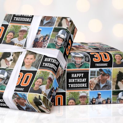 Happy Birthday Photo Collage Any Age Orange Black Wrapping Paper