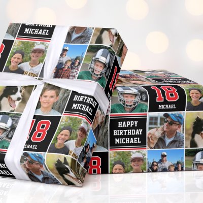 Happy Birthday Photo Collage Any Age Red Black Wrapping Paper