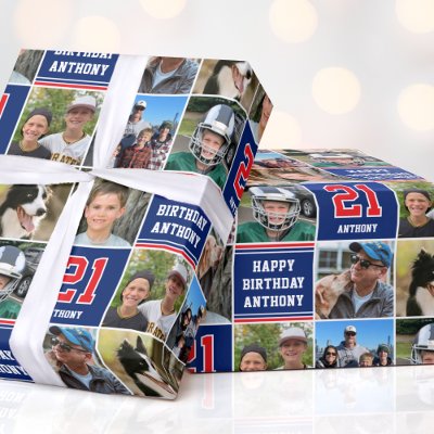 Happy Birthday Photo Collage Any Age Red Navy Wrapping Paper