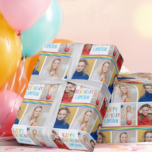 Happy Birthday Photo Collage Beautiful Rainbow Wrapping Paper