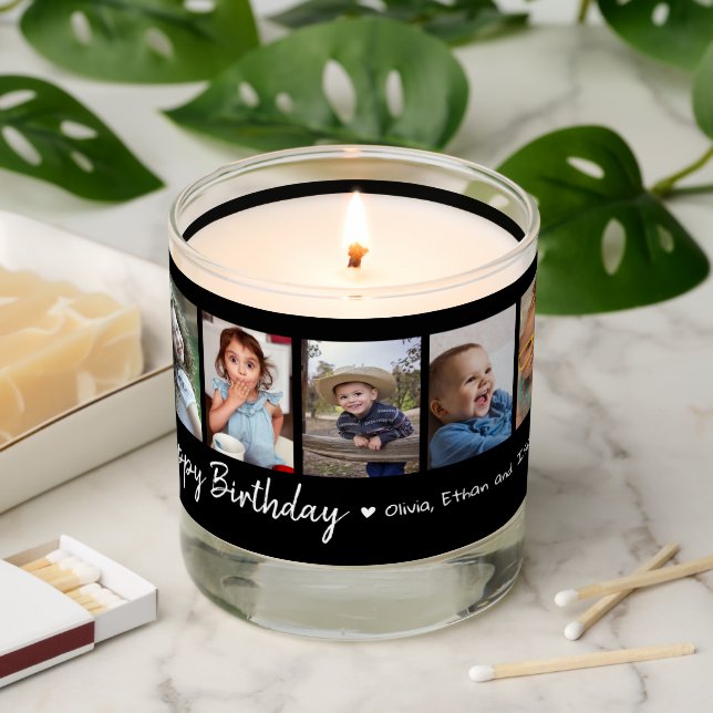 Happy Birthday Photo Collage Black Personalized Scented Candle (Lit)